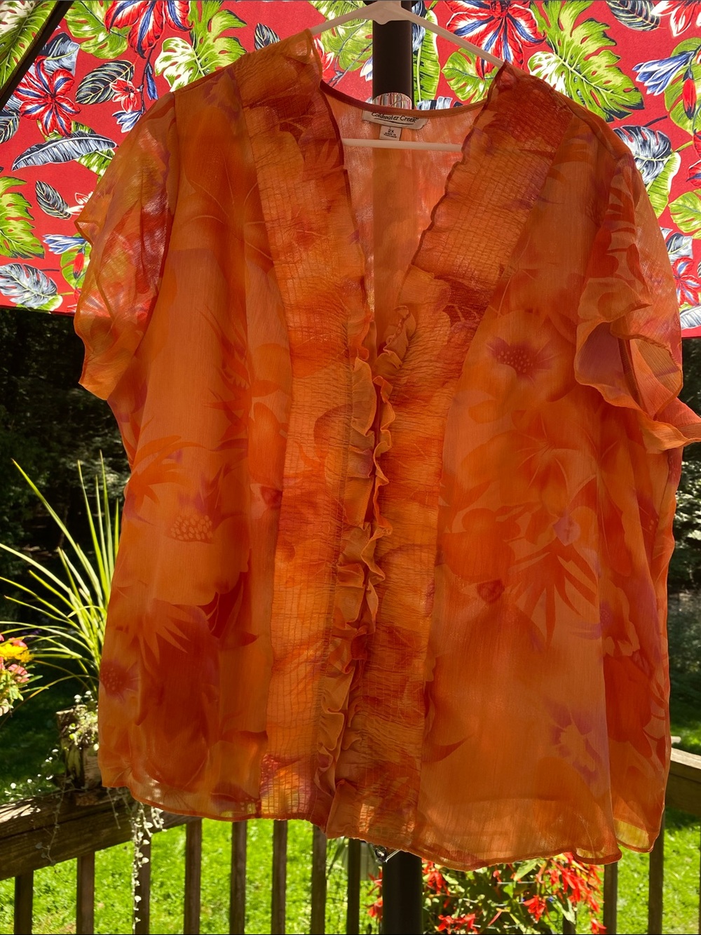 Coldwater Creek Orange Floral Ruffle-Front Blouse